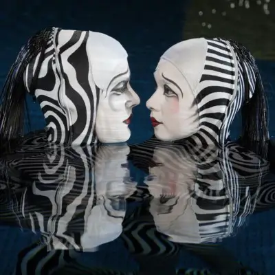 Zebra-like characters look at each other while in water