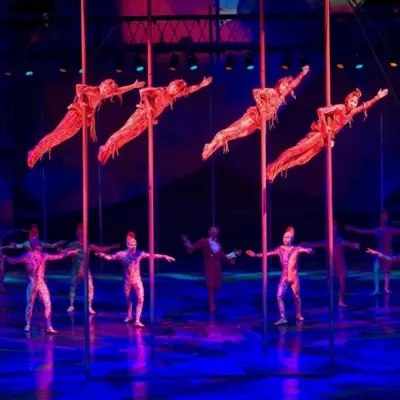 Performers from Cirque du Soleil's Mystère red pole show