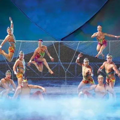 Performers from Cirque du Soleil's Mystère show engaged in water acrobatics