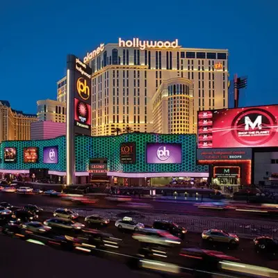A nighttime view of Planet Hollywood Hotel and Casino in Las Vegas