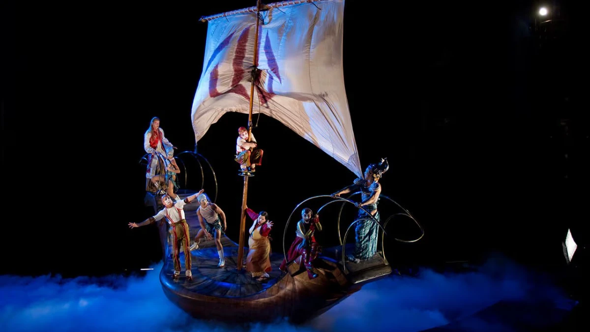 Ship going through a storm as part of KÀ by Cirque du Soleil