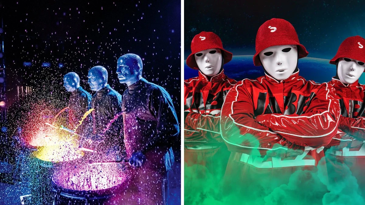 Blue Man Group performing with drums and neon paint and Jabbawockeez dancers in white masks posing.