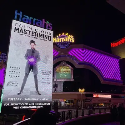 Colin Cloud Mastermind show signboard outside the Harrah’s Hotel