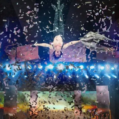 Criss Angel hanging upside down at the Criss Angel MINDFREAK show Vegas