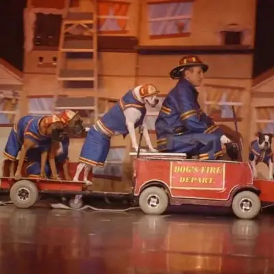 Dogs in fireman costumes for the Popovich Comedy Pet Theater show in Vegas