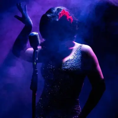 A female artist of the band singing while covered in shadows