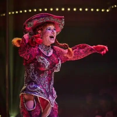 Performer dressed as Madam Boozy Skunkton at the Atomic Saloon Show in Vegas