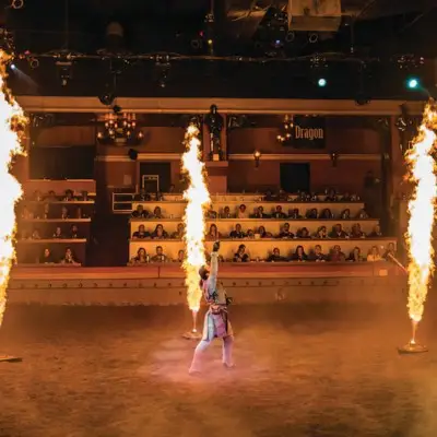 Performer standing in the middle of pyro effects at the Tournament of Kings show