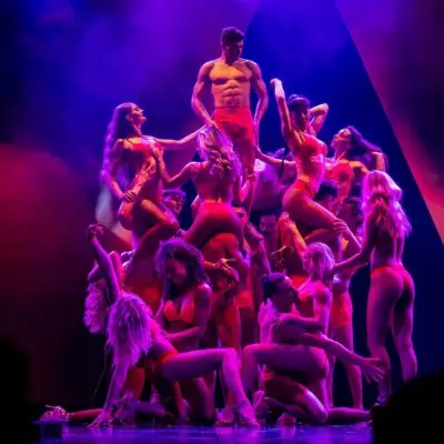 Performers in various poses for Rouge in Las Vegas