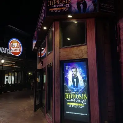 The Comedy Hypnosis Hour show signboard outside the Charles Bach Wonders Theatre